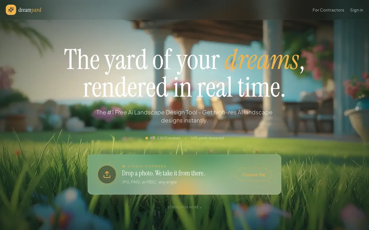 Screenshot of the DreamYard AI landscape design homepage advertising free high resolution AI landscape designs and a 4.9 star rating