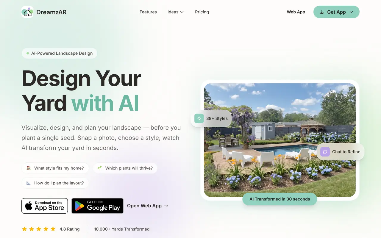 Screenshot of the DreamzAR AI landscape design app homepage showing 38 plus styles, chat based refinement and app store links