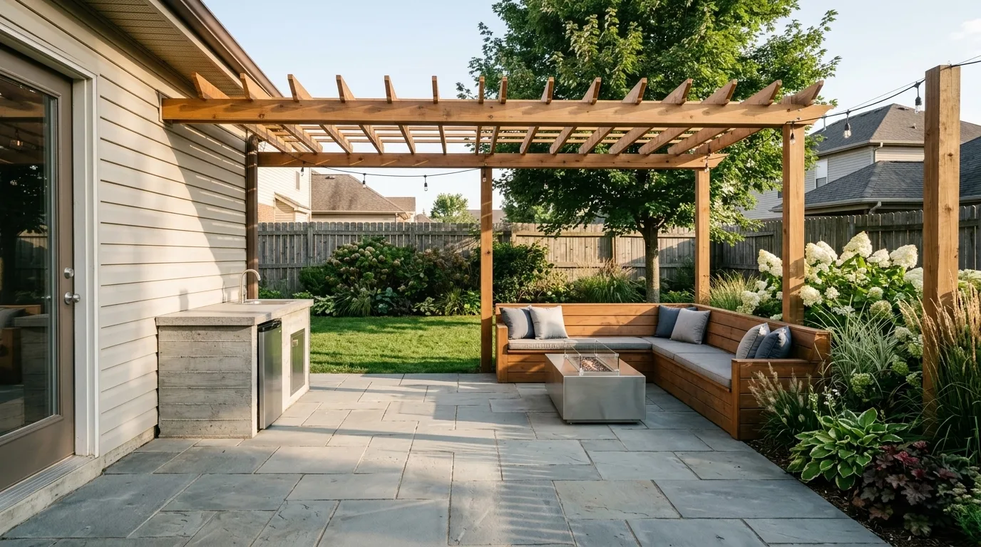 An AI landscape render that has quietly rebuilt the house, replacing the vinyl siding wall with a glass door and removing the garden hose, compared with the original back yard photo
