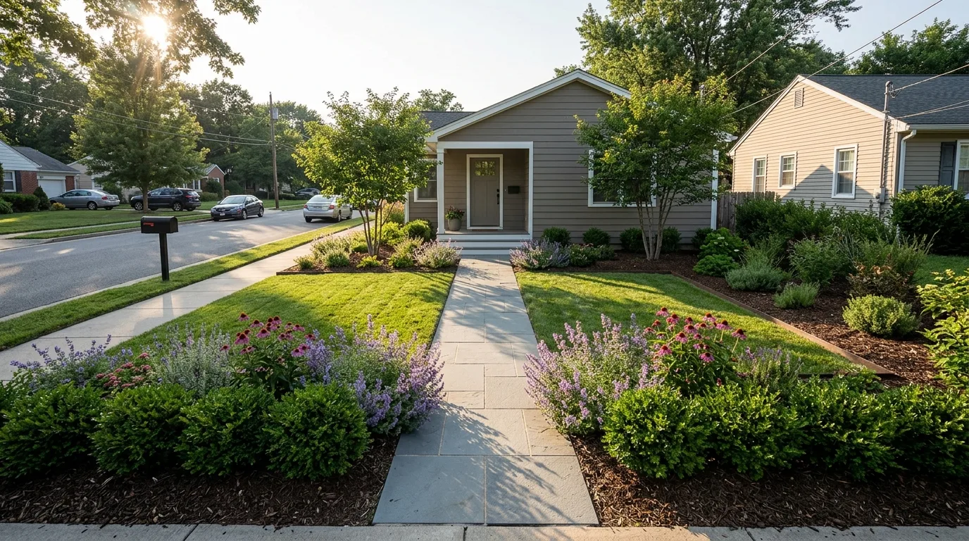 AI landscape design render of a designed American front yard with a bluestone path, low hedge, drifts of catmint and coneflower and two multi stem serviceberry trees