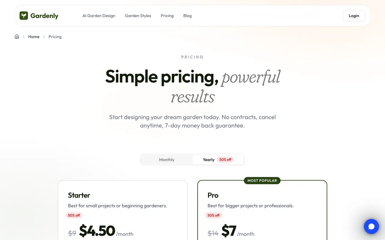 Screenshot of the Gardenly pricing page showing a starter plan at 4.50 dollars per month billed annually with 20 AI credits and a larger plan at 7 dollars per month with 100 credits