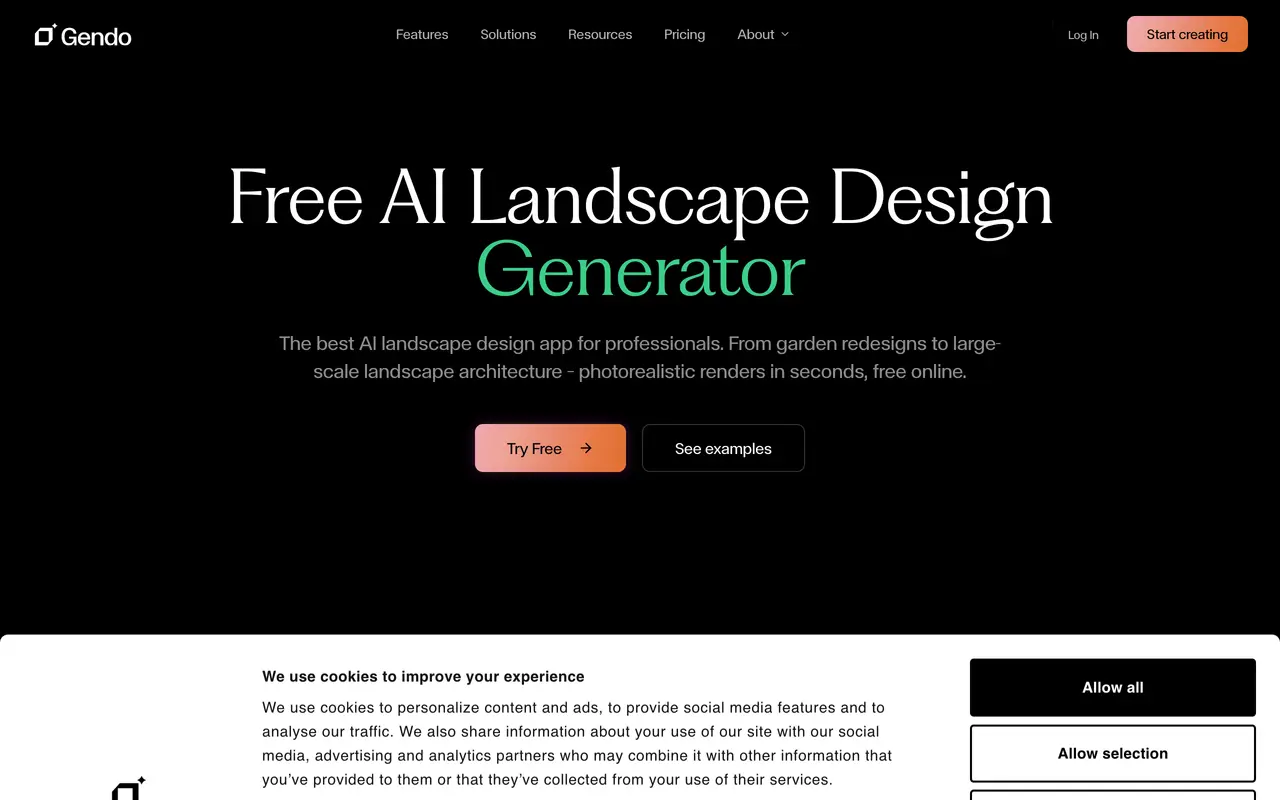 Screenshot of the Gendo free AI landscape design generator page aimed at professionals and large scale landscape architecture