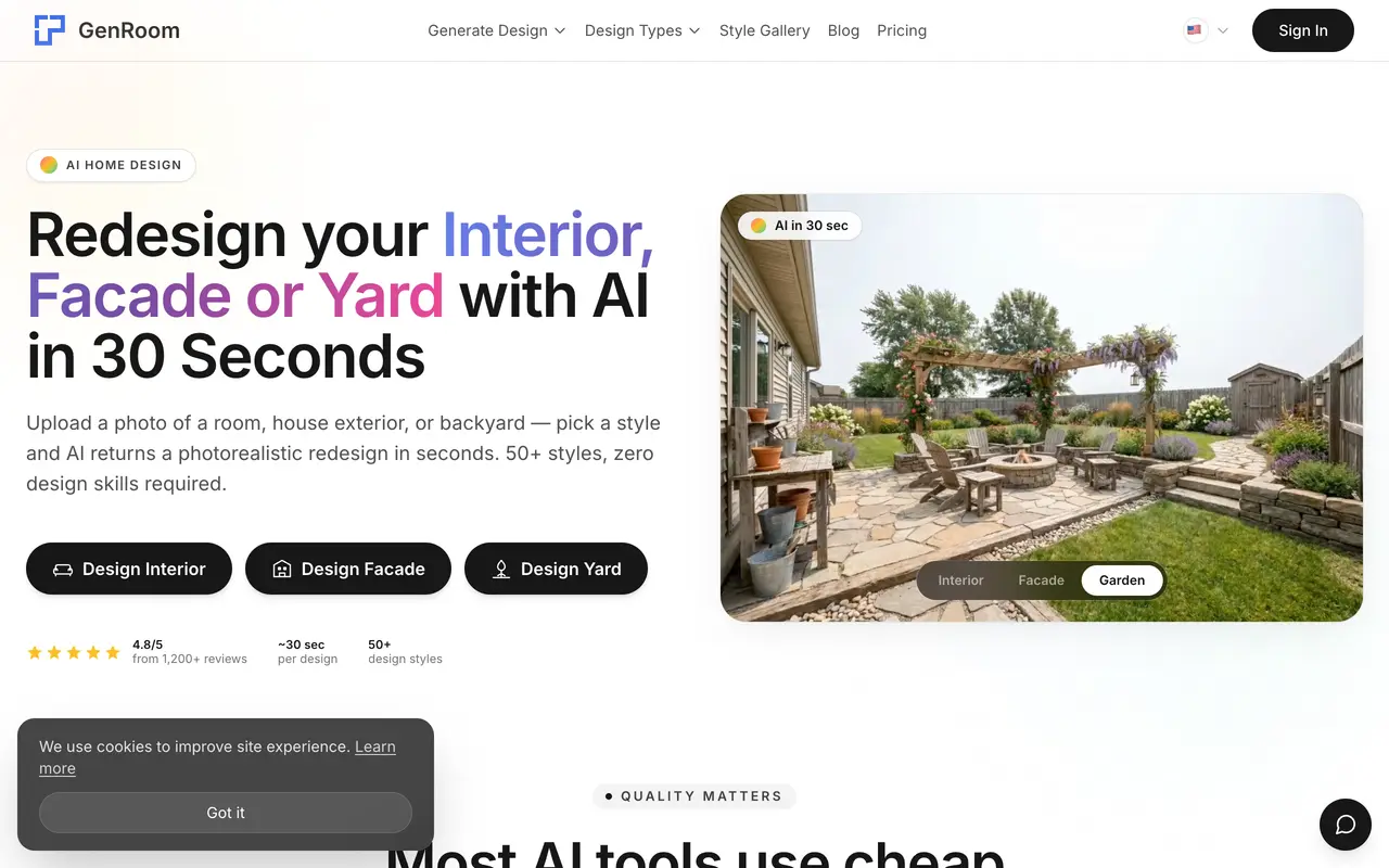Screenshot of the GenRoom homepage offering to redesign an interior, facade or yard with AI in 30 seconds