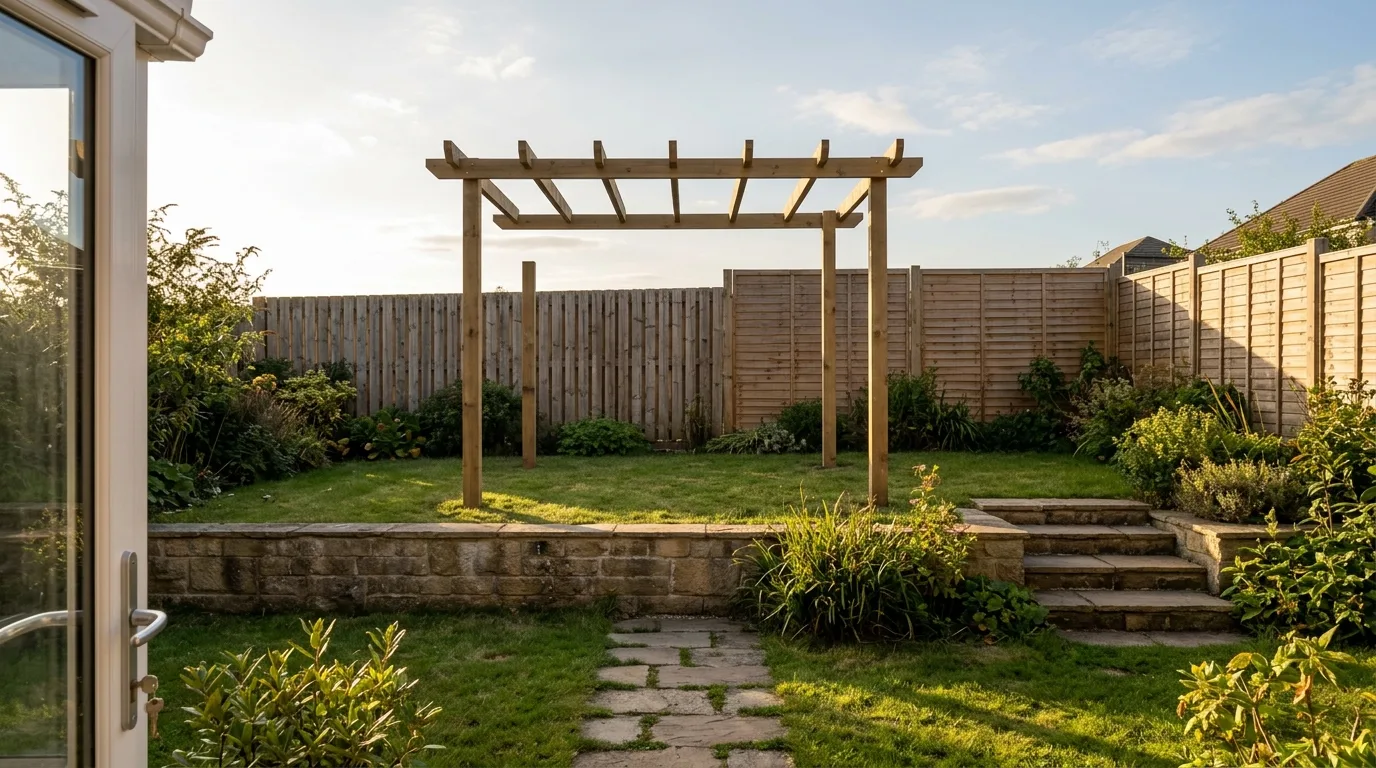 An AI generated garden render containing construction impossibilities including a pergola with posts of four different heights under a level beam, a stone path running into the face of a retaining wall with no step, and a fence that changes height midway