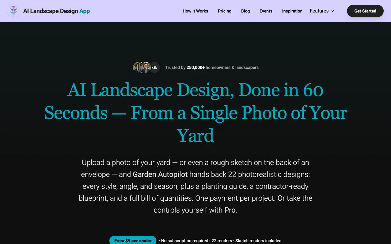 Screenshot of the Hadaa AI landscape design homepage advertising 22 photorealistic designs from a single photo of your yard with a contractor ready blueprint and no subscription