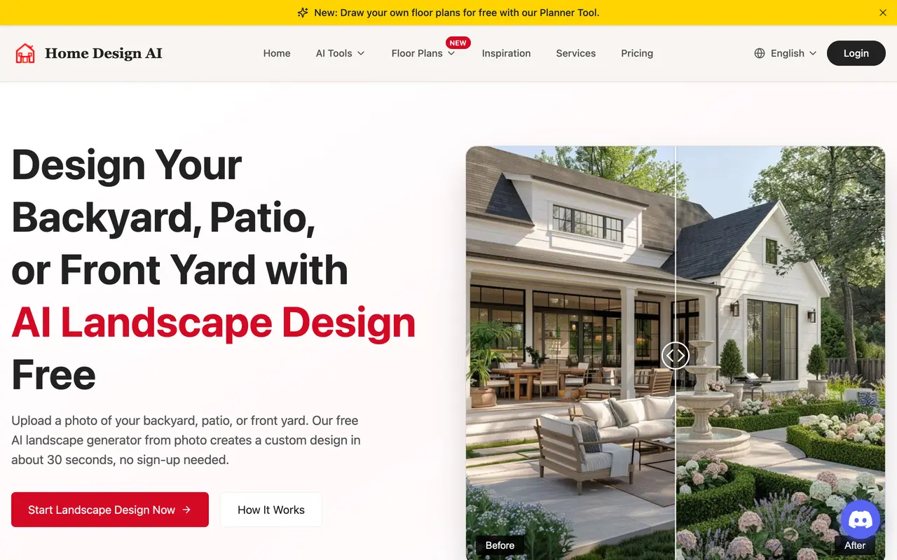 Screenshot of the Home Design AI landscape design page offering free AI landscape design for a backyard, patio or front yard