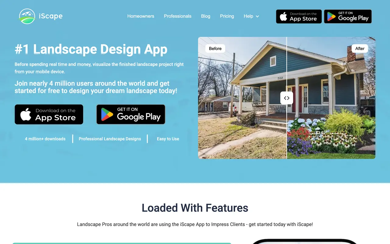 Screenshot of the iScape landscape design app homepage showing before and after yard designs and App Store and Google Play download buttons
