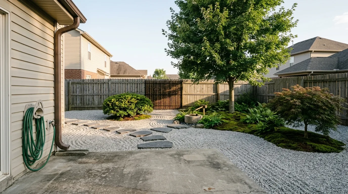 AI landscape design render of a Japanese influenced back yard courtyard with raked gravel, granite stepping stones, a Japanese maple and a stone water basin