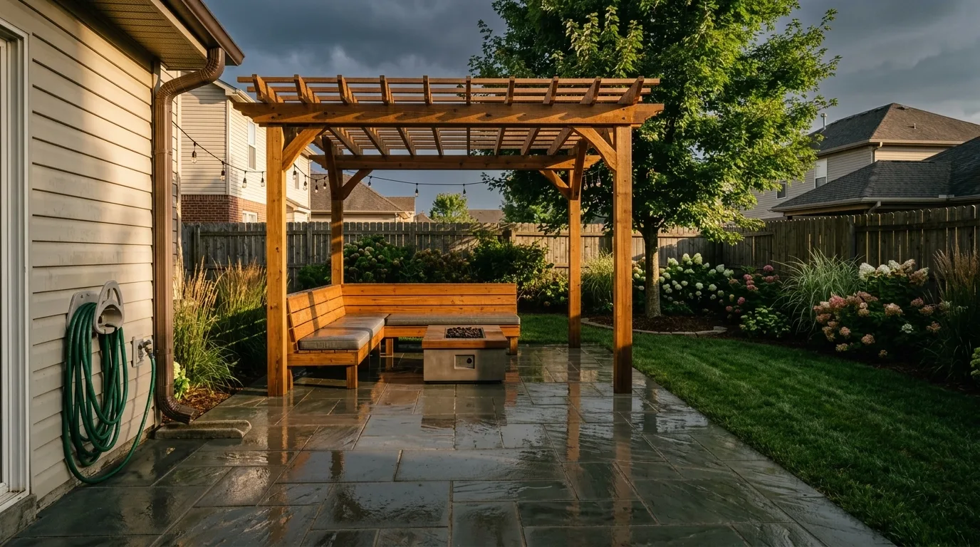 Cinematic AI landscape render of the same back yard after heavy rain with wet reflective bluestone paving, a dark storm sky and a low shaft of sun breaking through