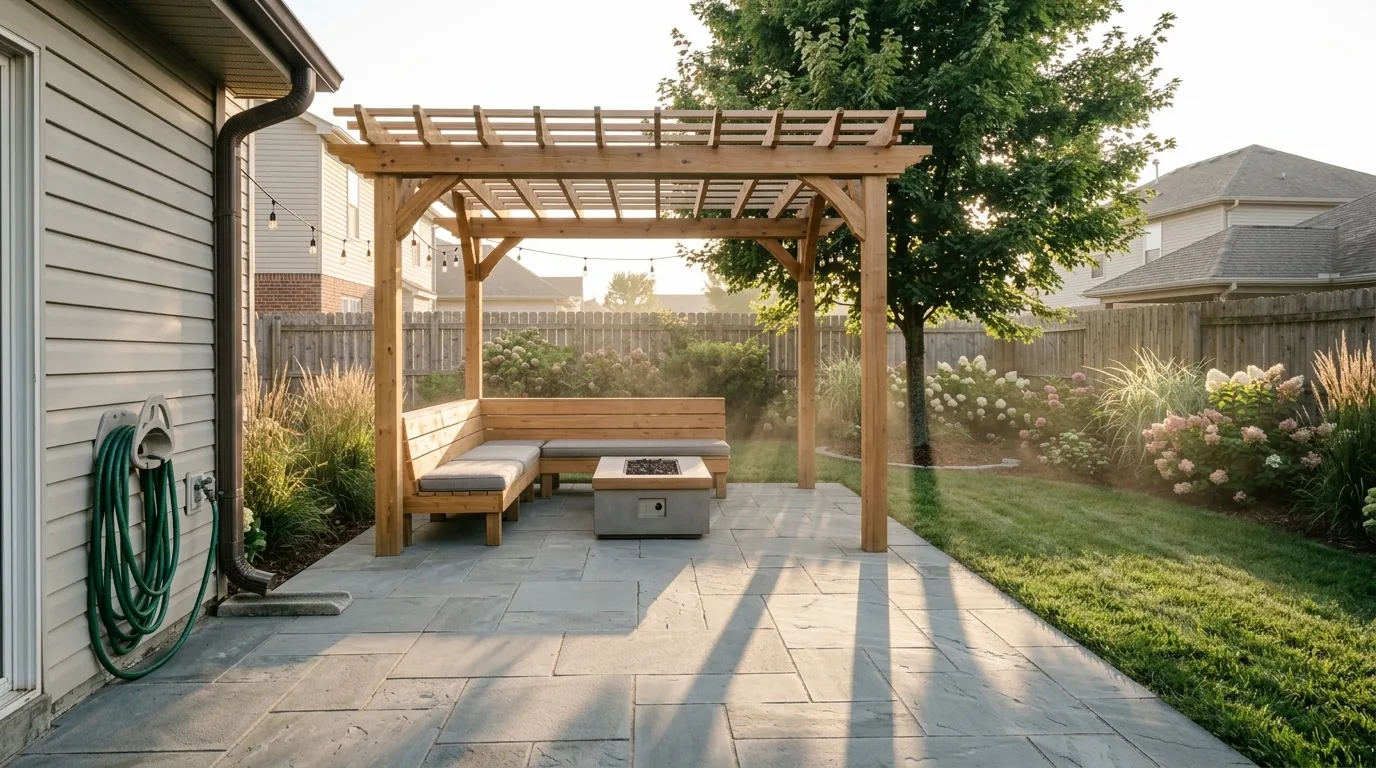 Cinematic AI landscape render of the same back yard in early morning backlight, with rim lit ornamental grasses, ground mist and long shadows running toward the camera