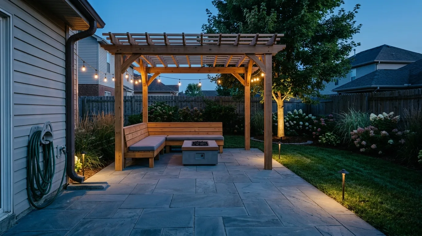 Cinematic AI landscape render of the same back yard at blue hour with warm path lights, tree uplights and string lights glowing against a deep blue sky