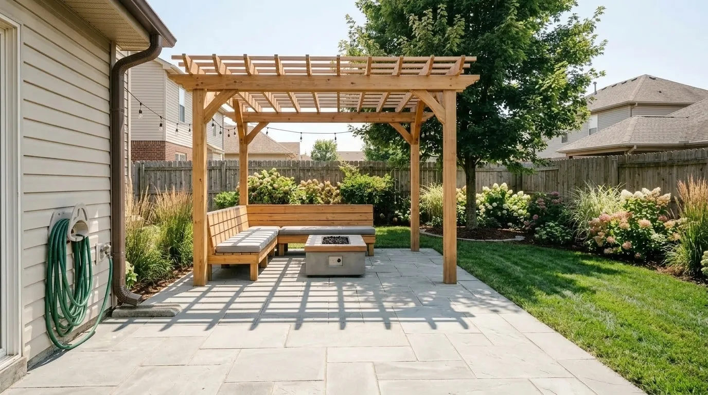 Cinematic AI landscape render of the same back yard under harsh midday sun, with short hard shadows and dappled light thrown across the paving by the tree canopy