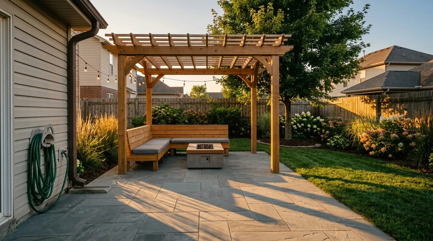 Cinematic AI landscape render of a back yard with a cedar pergola at golden hour, with long hard edged shadows from the pergola rafters striping across bluestone paving
