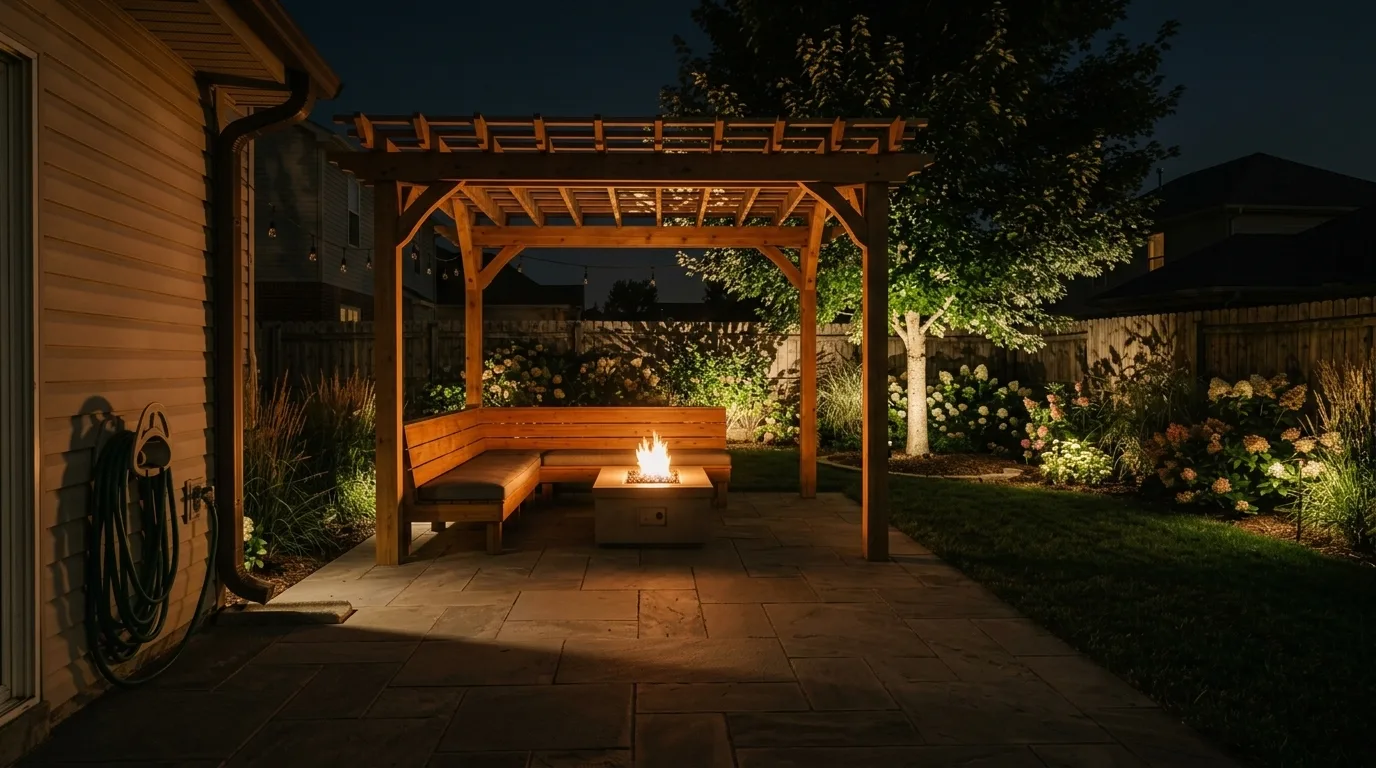 Cinematic AI landscape render of the same back yard at night lit only by landscape lighting, with tree uplights, path lights and a lit fire table
