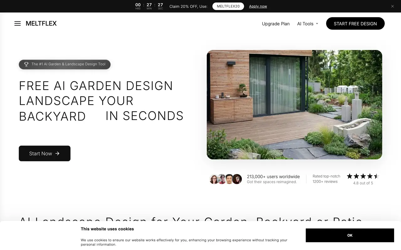 Screenshot of the MeltFlex AI garden and landscape design tool showing style, paving, ground, planting, feature, boundary and lighting controls