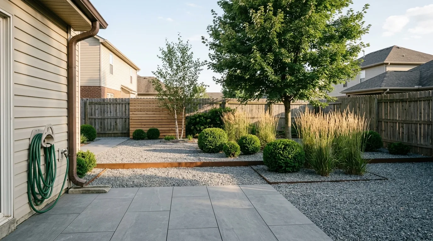 AI landscape design render of a modern minimal back yard with large format grey porcelain pavers, gravel bands, clipped boxwood spheres and ornamental grasses