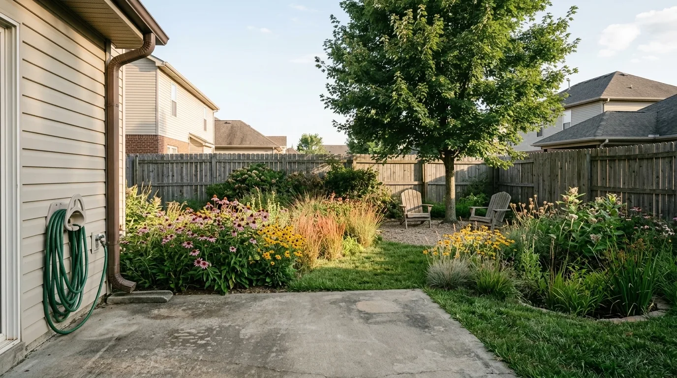 AI landscape design render of a native prairie planting back yard with coneflower, black eyed susan, little bluestem and a mown grass path