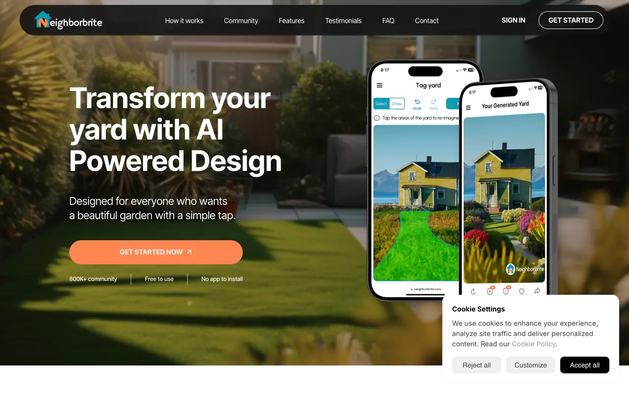 Screenshot of the Neighborbrite AI yard design homepage advertising free use, no app to install and location based plant lists