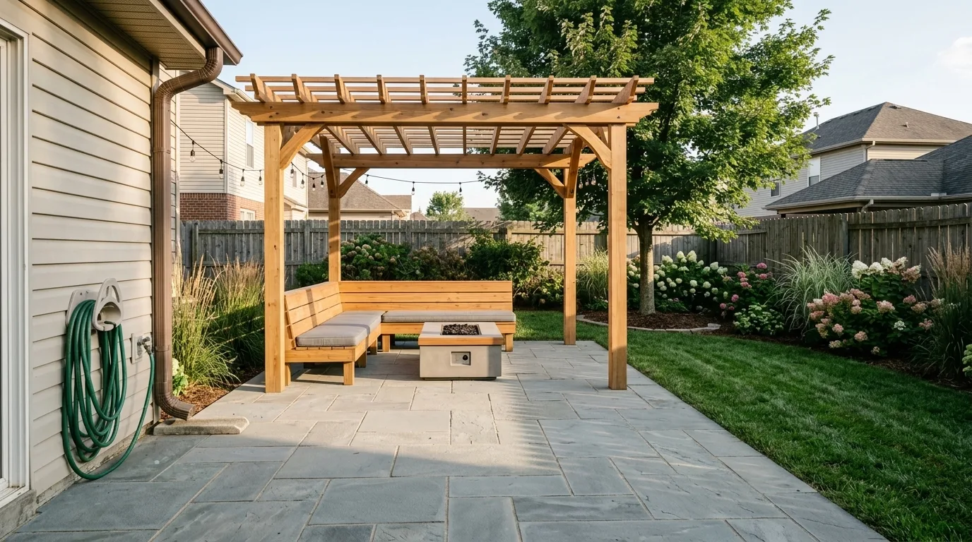 AI landscape design render of an outdoor living back yard with a cedar pergola, bluestone patio, built in bench seating, a gas fire table and string lights