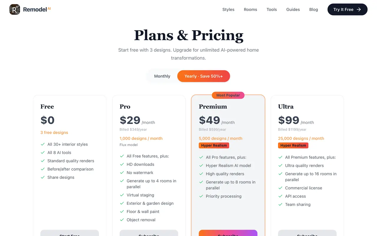 Screenshot of the RemodelAI pricing page showing a free tier with 3 designs and a Pro plan at 29 dollars per month billed 349 dollars per year