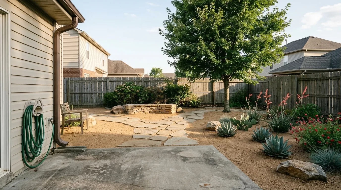 AI landscape design render of a drought tolerant xeriscape back yard with decomposed granite, flagstone stepping path, agave, prickly pear and red yucca