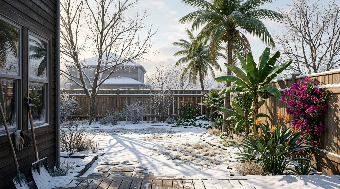 A photorealistic AI landscape render showing coconut palms, banana plants and bougainvillea in full flower planted in a snow covered northern back yard with bare deciduous trees, illustrating an AI plant hardiness failure