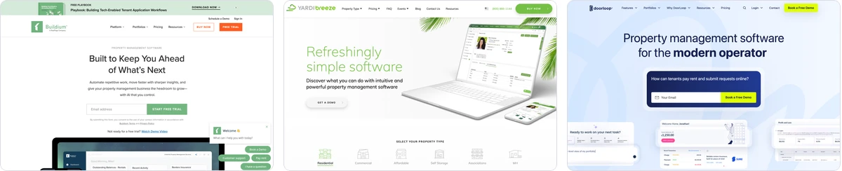 Homepages of Buildium, Yardi Breeze and DoorLoop side by side, the three platforms whose AI works on back office administration