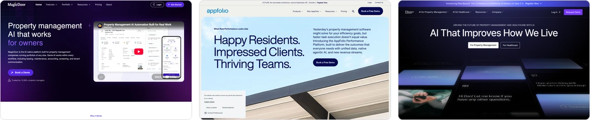 Homepages of MagicDoor, AppFolio and EliseAI side by side, the three platforms whose AI works on leasing speed and enquiry response