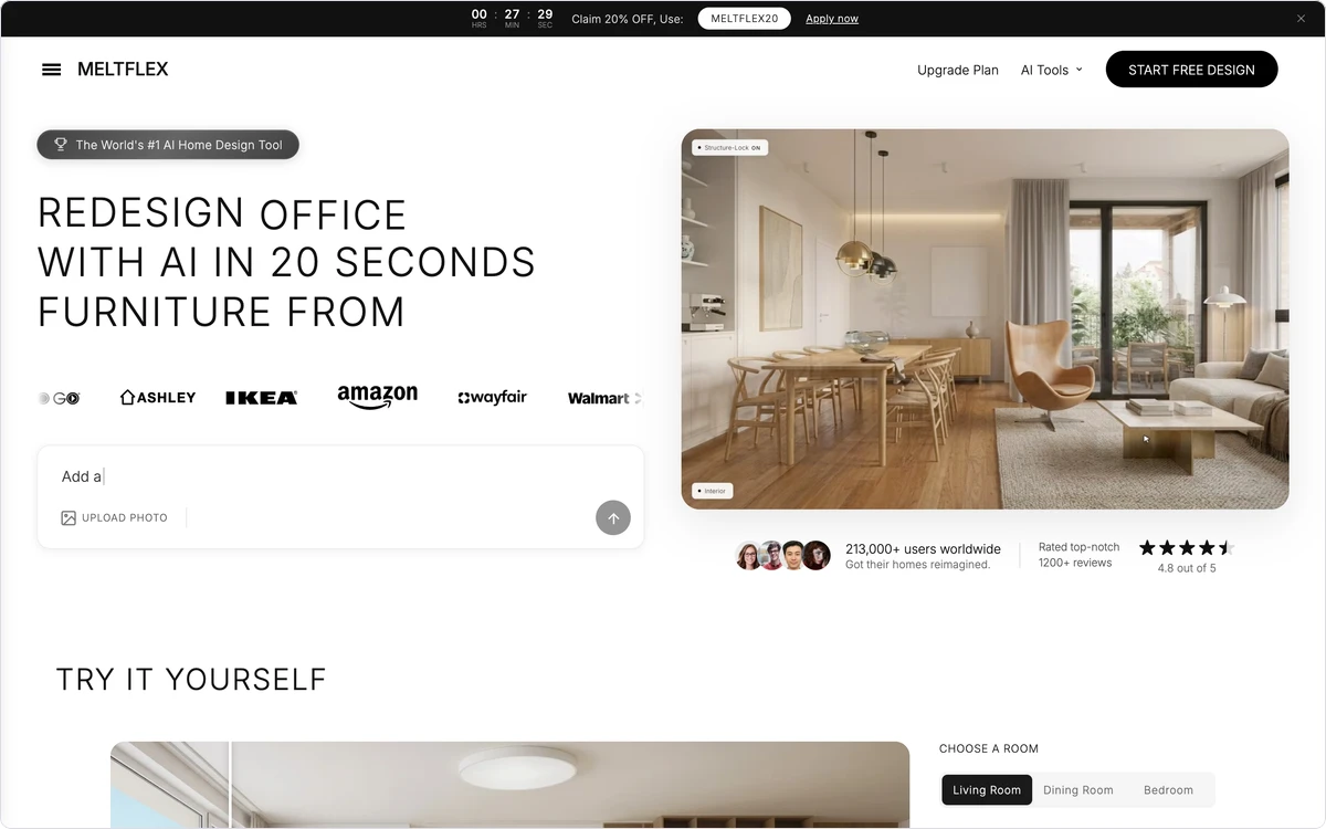 The MeltFlex homepage, showing a room photo being redesigned by AI with furniture options from Ashley, IKEA, Amazon, Wayfair and Walmart alongside it
