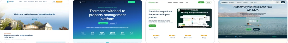 Homepages of RentRedi, Hemlane, TenantCloud and Baselane side by side, the four platforms aimed at small landlords and owner operators