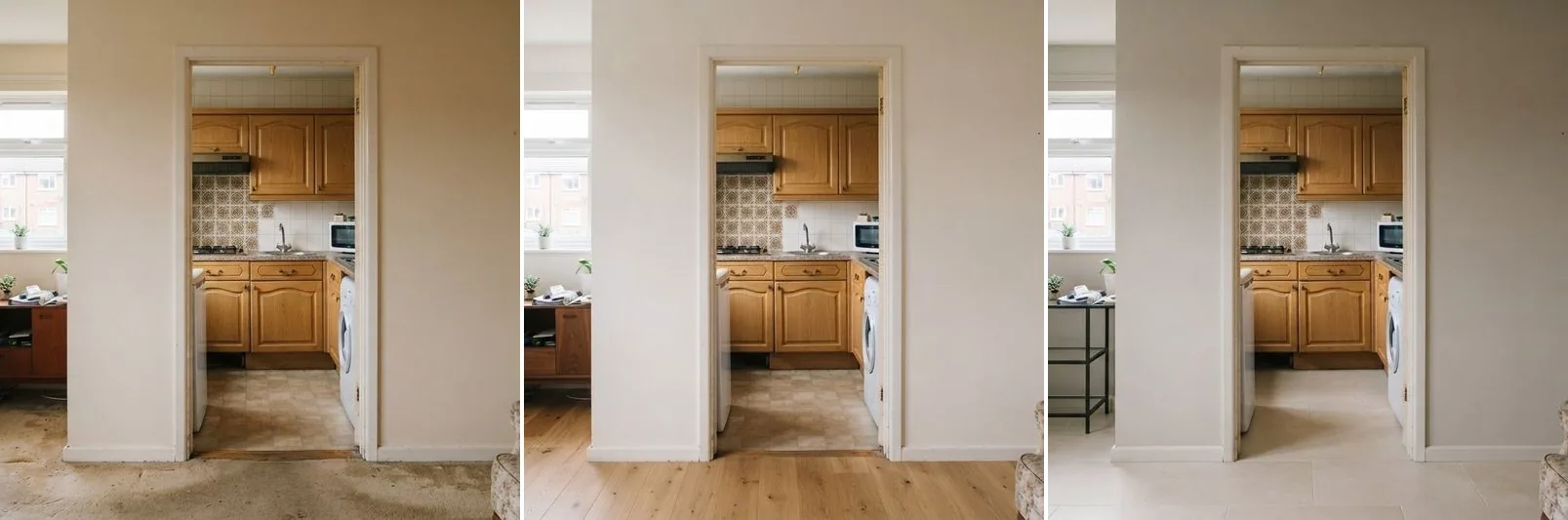 Three versions of the same dated flat interior in a row: the original with worn carpet and magnolia walls, then the same room with wide plank oak flooring and warm white walls, then the same room again with pale limestone tile and greige walls. The wall, doorway, window, kitchen and camera position are identical in all three