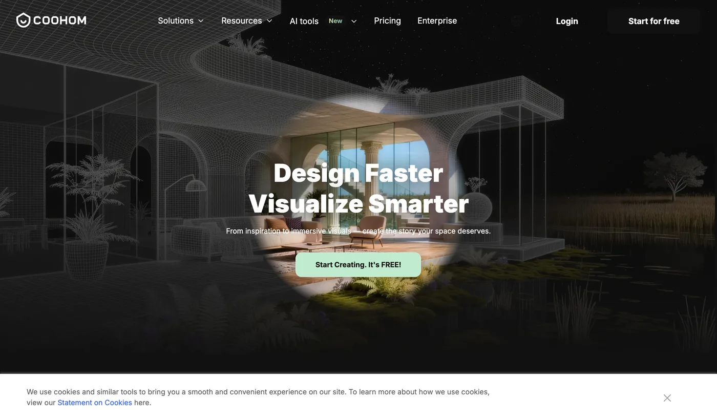 Coohom homepage with the headline Design Faster Visualize Smarter and an enterprise 3D solution call to action