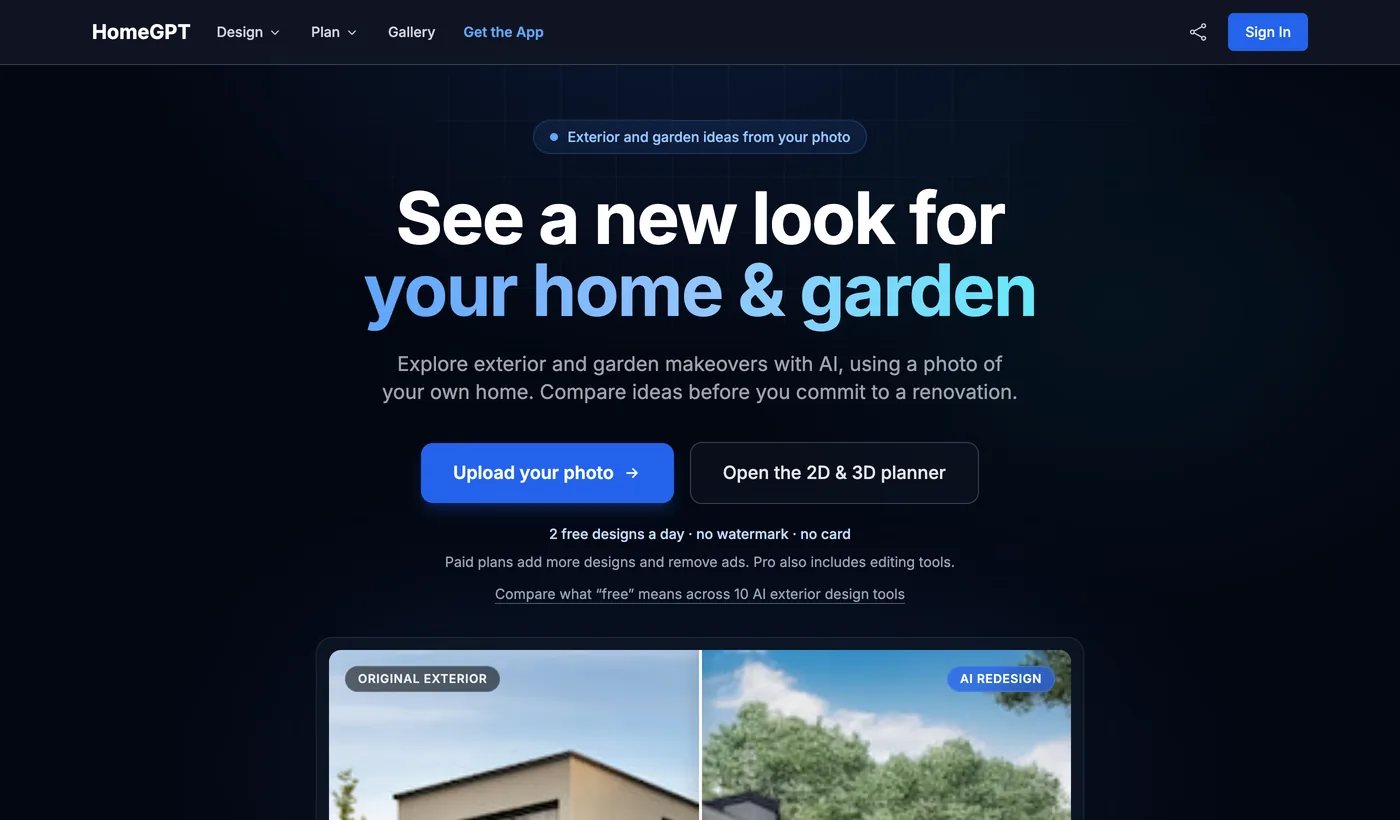 HomeGPT homepage headline See a new look for your home and garden, offering exterior and garden makeovers from a photo, with two free designs a day, no watermark and no card required