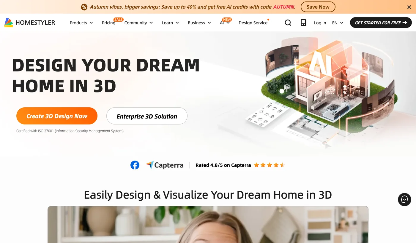 Homestyler homepage with the headline Design your dream home in 3D and a Capterra rating of 4.8 out of 5 displayed on the page