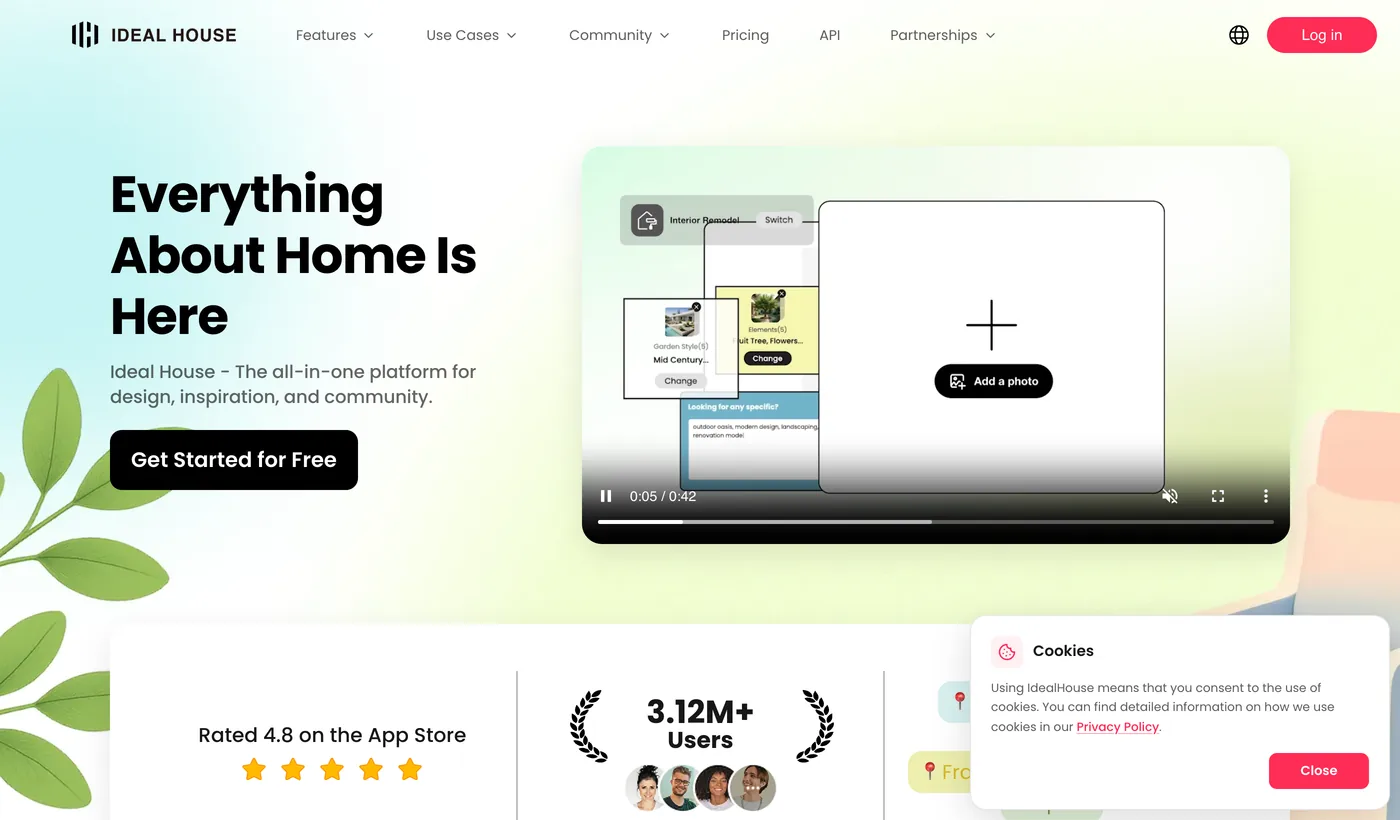 Ideal House homepage with the headline Everything About Home Is Here, describing an all-in-one platform for design, inspiration and community, rated 4.8 on the App Store with 3.12 million users