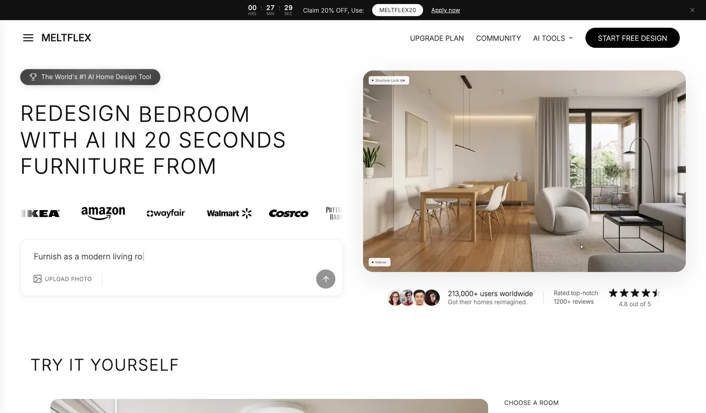MeltFlex homepage showing Redesign bedroom, kitchen, bathroom, office or any room with AI in 20 seconds, with furniture from IKEA, Amazon, Wayfair, Walmart and Costco