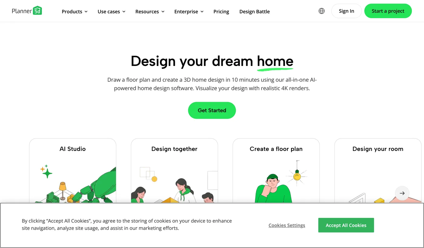 Planner 5D homepage with the headline Design your dream home and the offer to draw a floor plan and create a 3D home design in ten minutes with realistic 4K renders