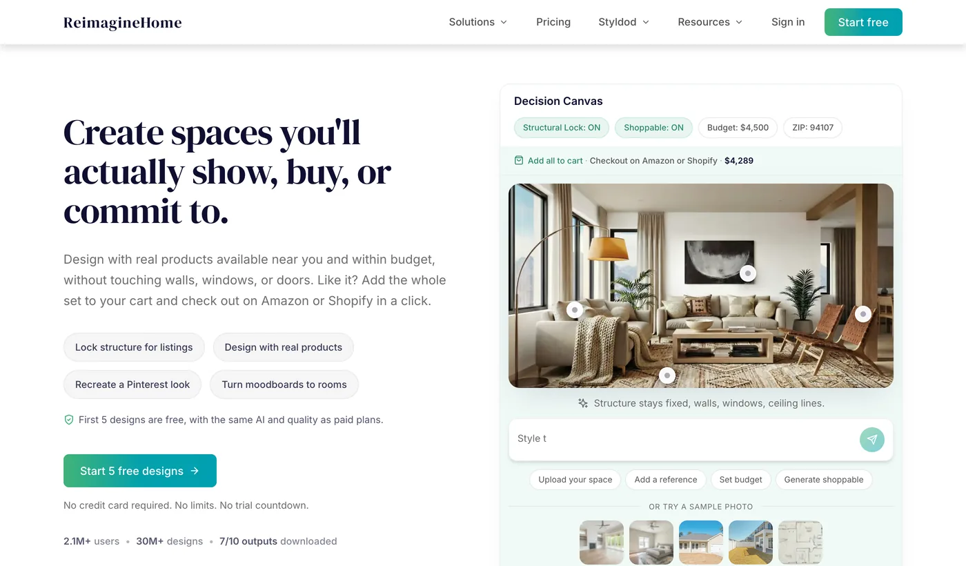 ReimagineHome homepage with the headline Create spaces you'll actually show, buy, or commit to, a Decision Canvas panel with a Structural Lock ON toggle, and the line Structure stays fixed, walls, windows, ceiling lines