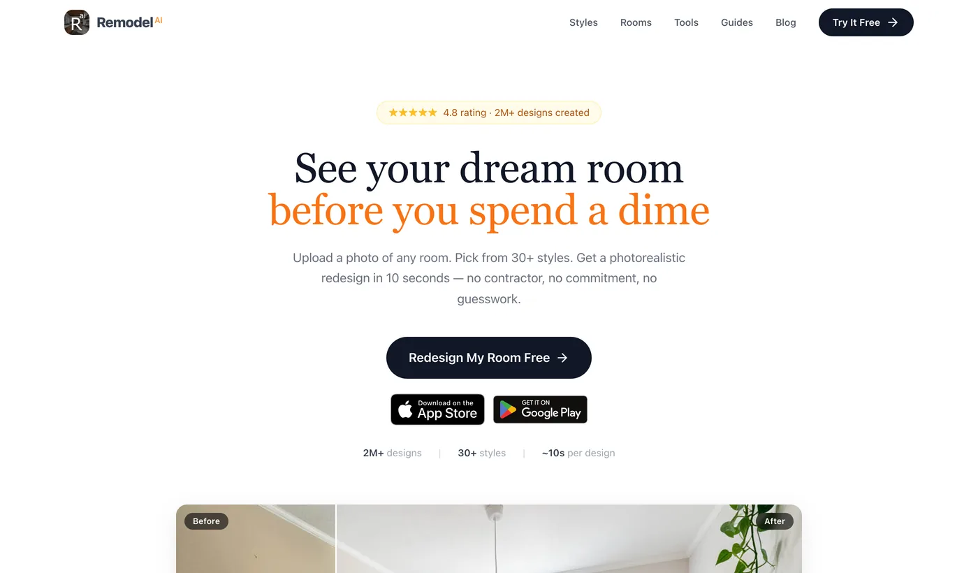 Remodel AI homepage with the headline See your dream room before you spend a dime, claiming a photorealistic redesign in 10 seconds with no contractor, no commitment, no guesswork