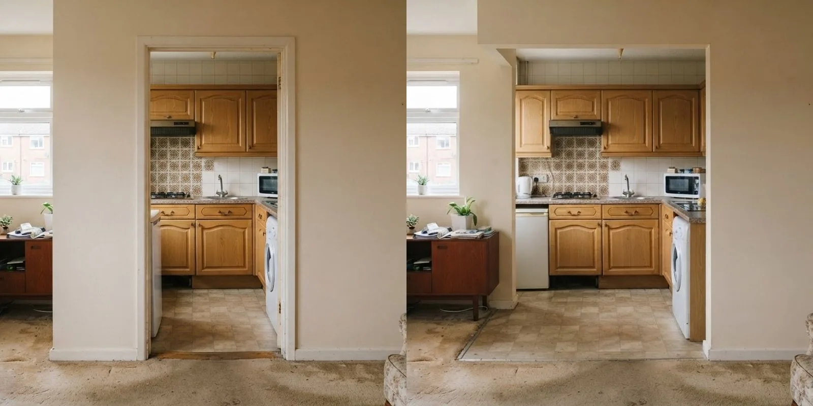 Two photographs of the same dated flat side by side. On the left a solid wall with a narrow doorway separates the living room from the kitchen. On the right, after being asked to remove the wall entirely, the opening is wider but the wall is still standing with a visible stub of plaster on the left and the return wall on the right