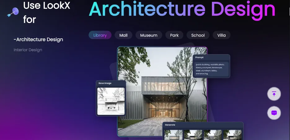 LookX AI architecture design platform turning sketches and prompts into renders and video, with SketchUp and Rhino plugins