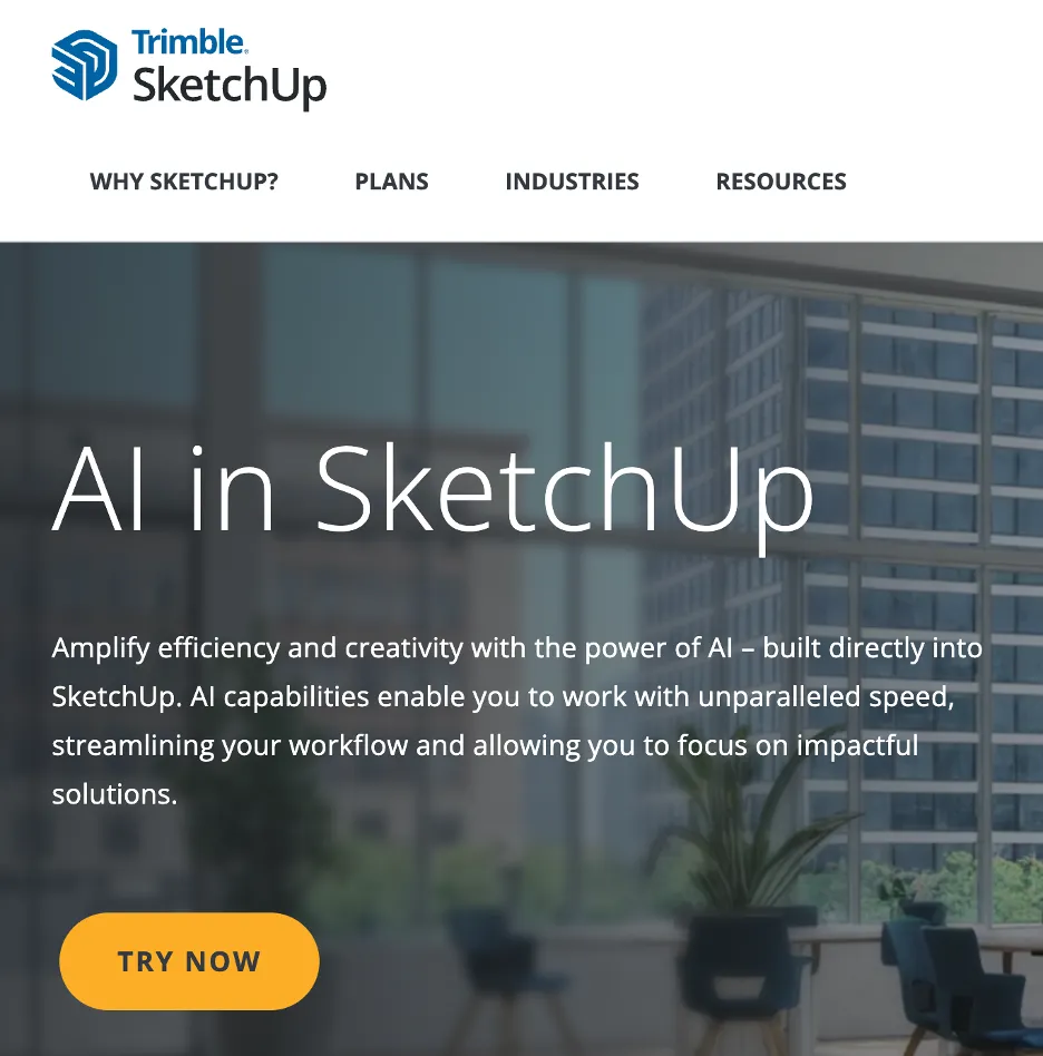 AI in SketchUp page, Trimble's official AI generative tool built directly into SketchUp