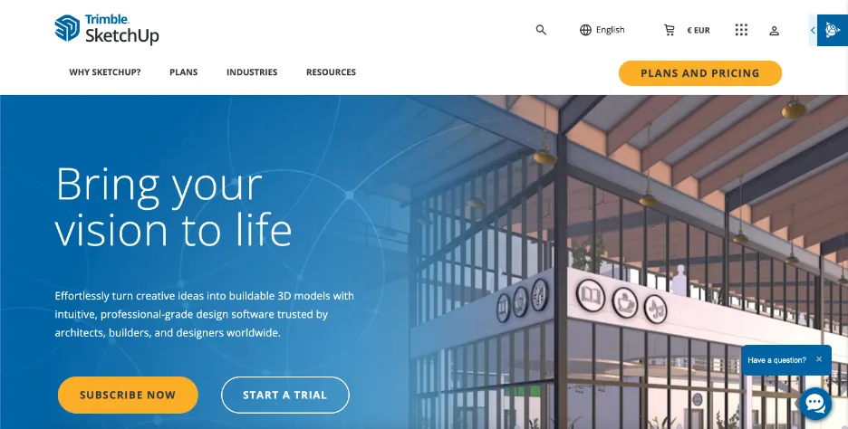 SketchUp by Trimble platform homepage, the professional 3D modeling software the AI render tool is built into