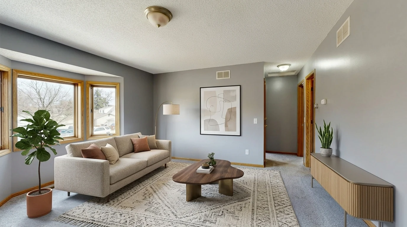 Photorealistic modern living room generated by MeltFlex from a photo of an empty room: contemporary fabric sofa, sculptural walnut coffee table, patterned rug, slim media console and a fiddle-leaf plant