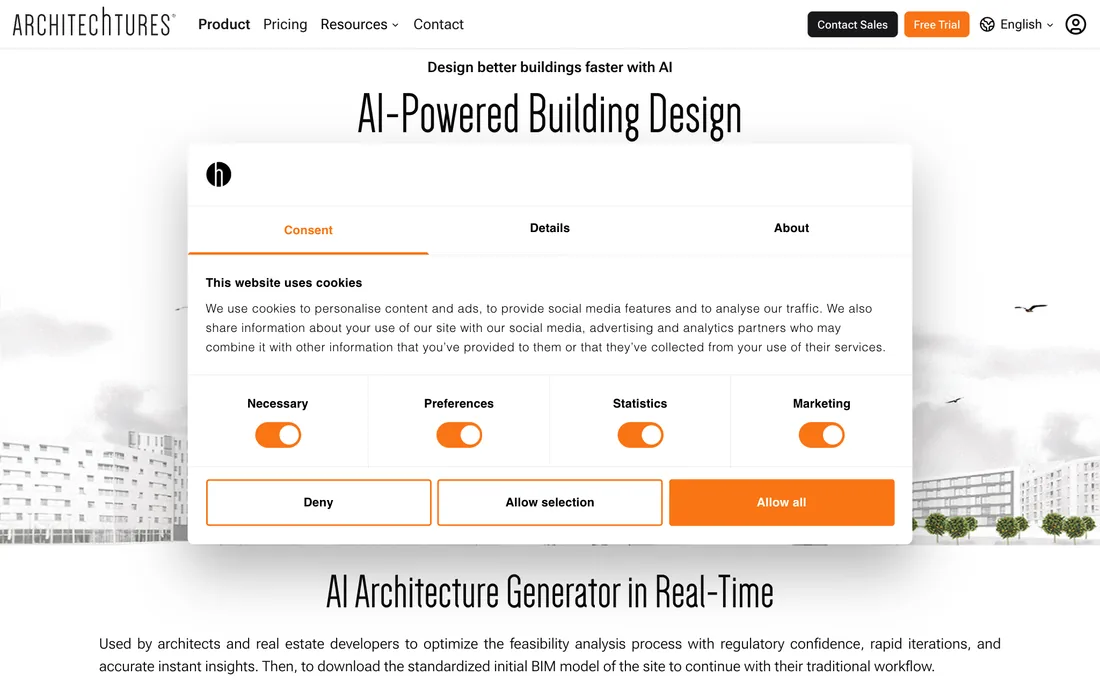 Architechtures landing page showing AI-powered generative residential building design