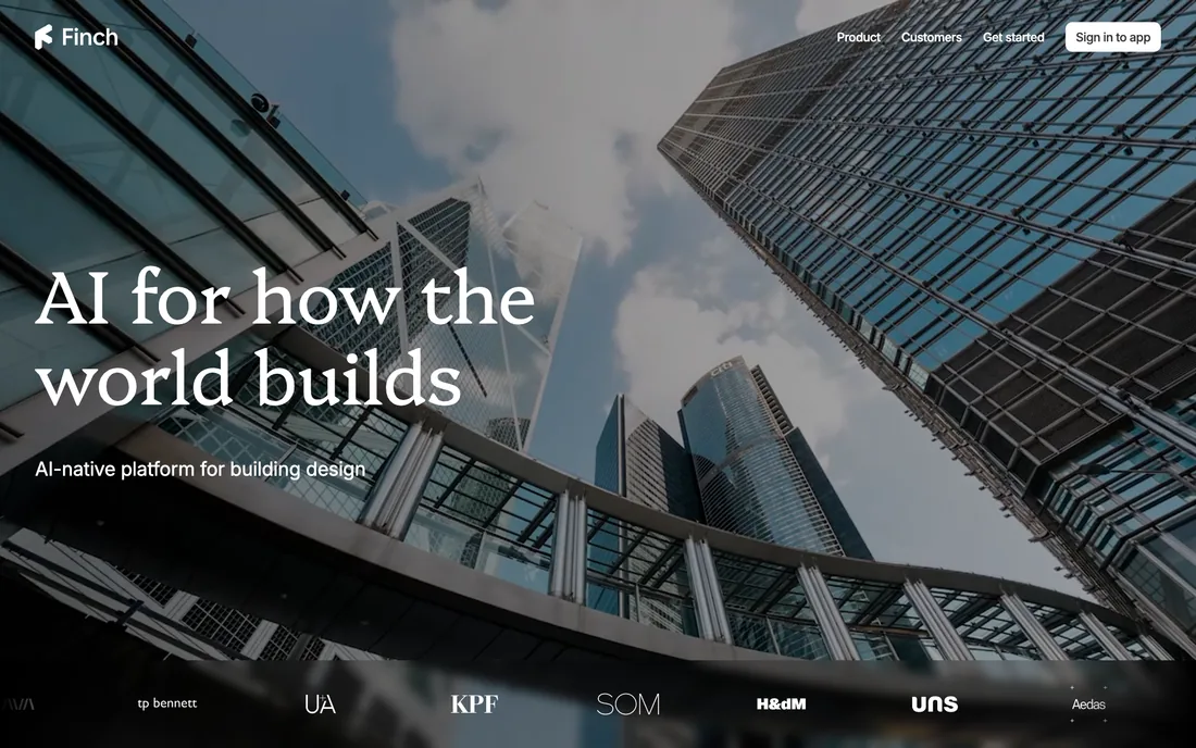 Finch landing page describing an AI-native platform for building design