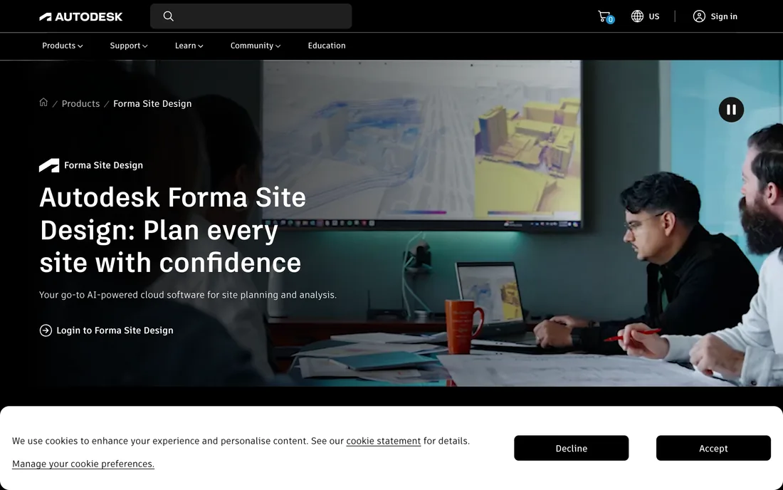Autodesk Forma landing page showing AI-powered cloud software for site planning and analysis