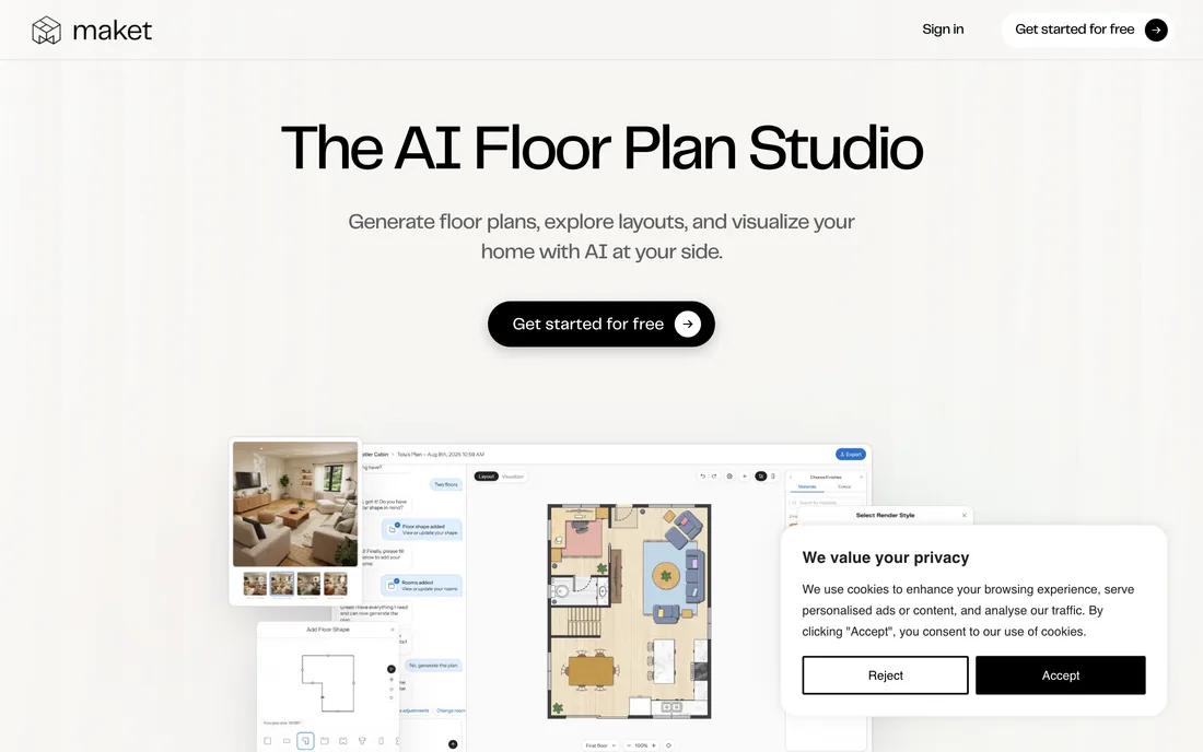 Maket landing page, described as the AI floor plan studio for generating residential layouts
