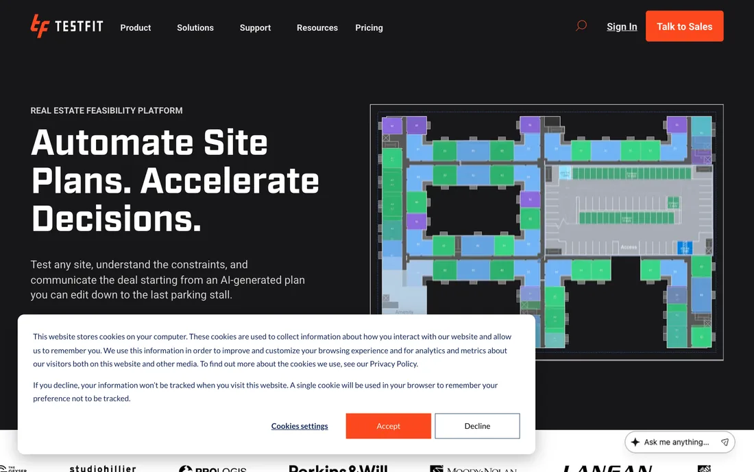 TestFit landing page showing a real-time configurator for site and building feasibility