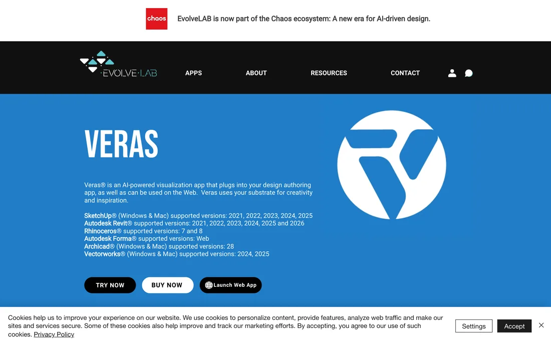 Veras by EvolveLAB landing page showing AI rendering inside Revit, SketchUp, and Rhino